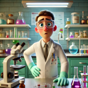 DALL·E 2024 11 25 17.28.22 A Pixar style digital illustration of a biomedical scientist with a puzzled expression in a laboratory setting. The scientist is wearing a white lab c 300x300 - As 10 Bases Legais da LGPD que seu Laboratório precisa