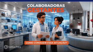 Gestor conversa com colaboradora gestante no Laboratório sobre os cuidados necessários durante a gravidez.
