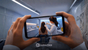CAPA BLOGLINKEDIN Pessoa grava com um celular a coleta de uma amostra de cabelo para exame toxicológico em uma sala reservada de laboratório.